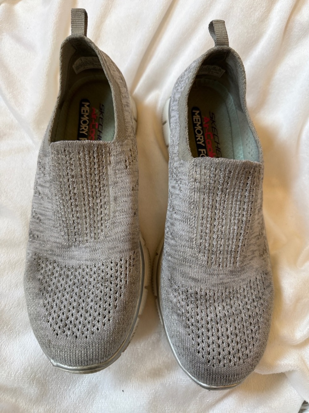 Skechers Women’s Knit Slip-On Sneakers in Light Gray